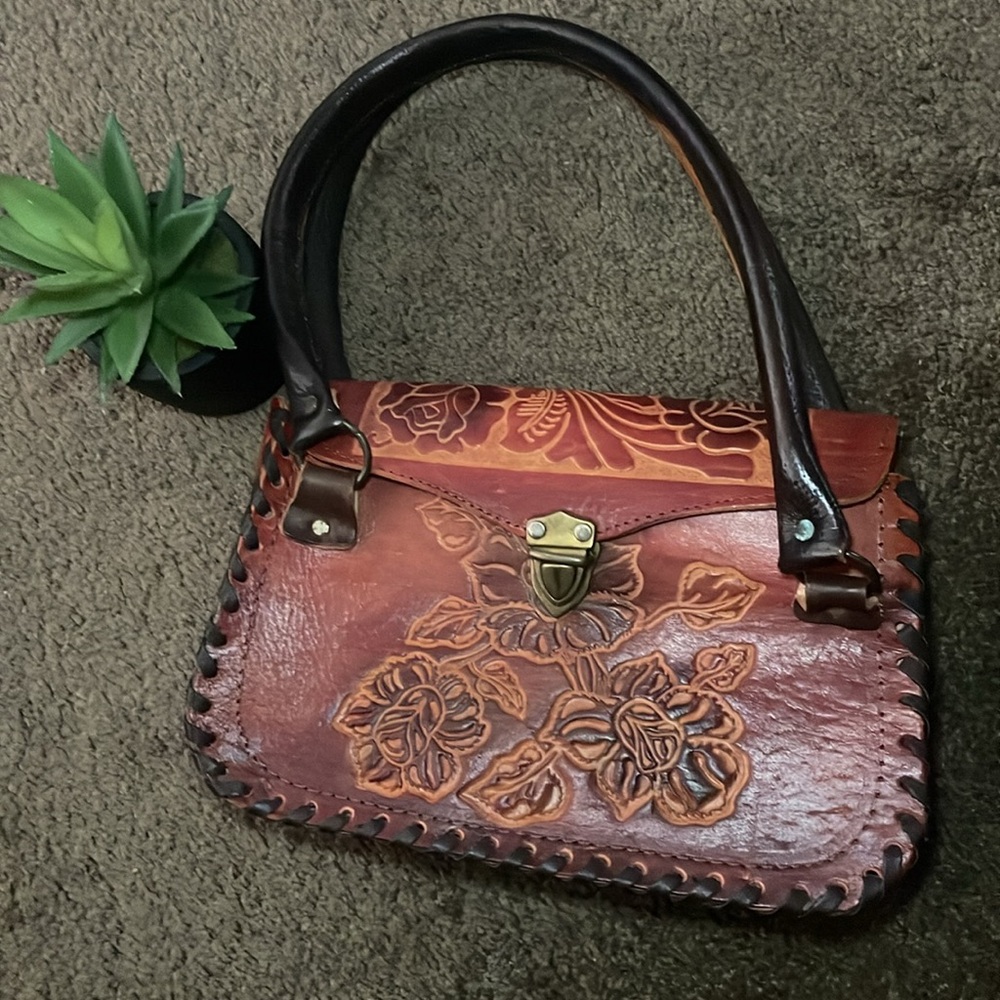 Flower Embossed Leather Handbag